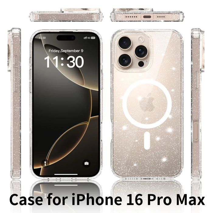 For iPhone 16 Pro Max Magnetic Case Glitter Design TPU PC PET Drop Proof Phone Cover - Transparent - 2