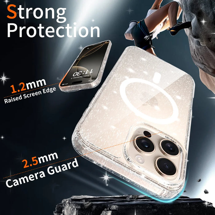 For iPhone 16 Pro Max Magnetic Case Glitter Design TPU PC PET Drop Proof Phone Cover - Transparent - 3