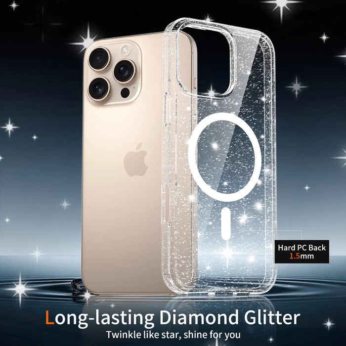 For iPhone 16 Pro Max Magnetic Case Glitter Design TPU PC PET Drop Proof Phone Cover - Transparent - 4