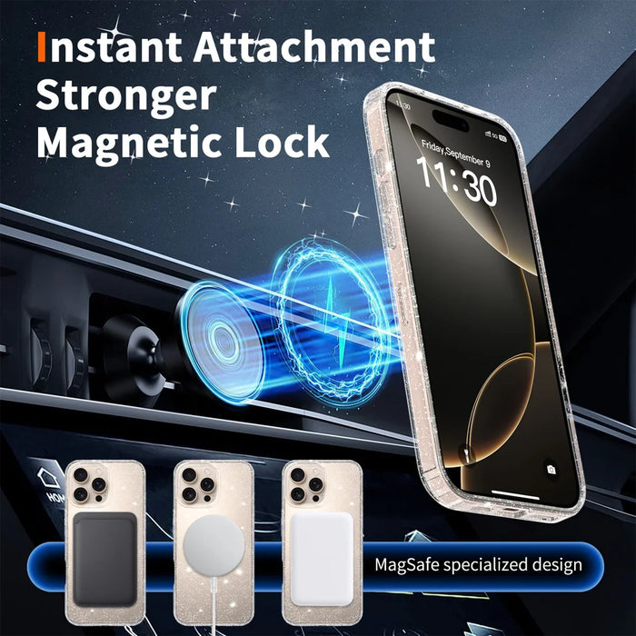 For iPhone 16 Pro Max Magnetic Case Glitter Design TPU PC PET Drop Proof Phone Cover - Transparent - 7