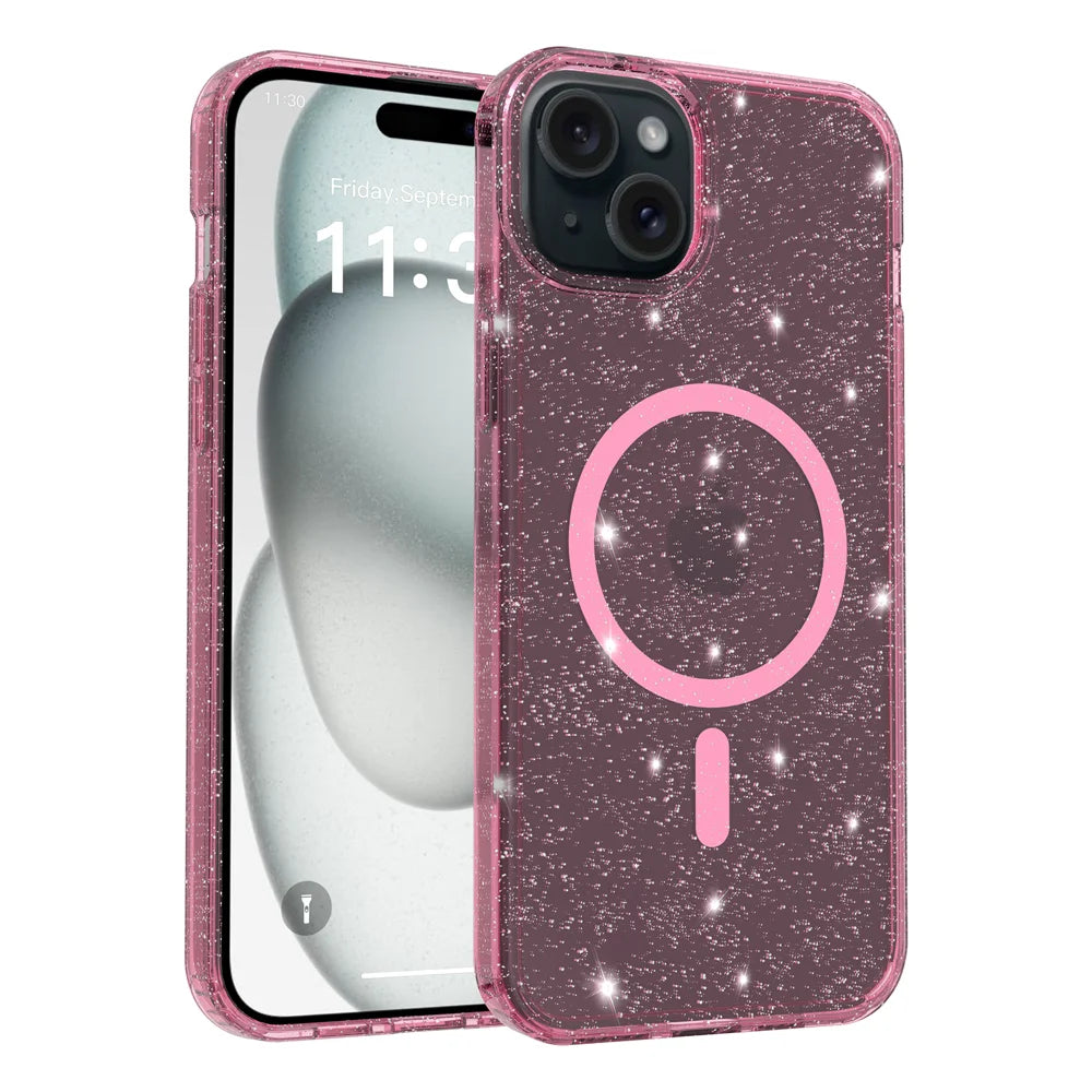 For iPhone 14 Plus / iPhone 15 Plus Magnetic Case Glitter Design TPU PC PET Drop Proof Phone Cover - Transparent Pink - 1