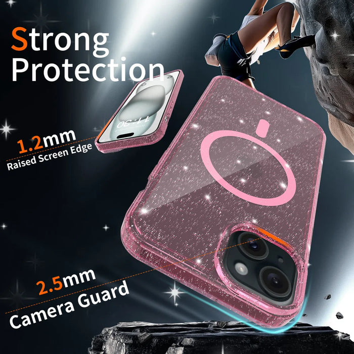 For iPhone 14 Plus / iPhone 15 Plus Magnetic Case Glitter Design TPU PC PET Drop Proof Phone Cover - Transparent Pink - 3