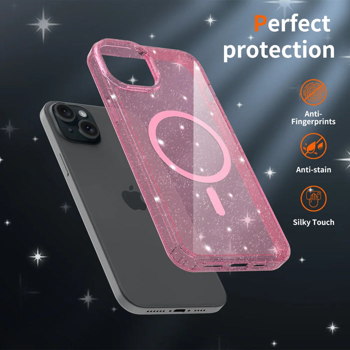 For iPhone 14 Plus / iPhone 15 Plus Magnetic Case Glitter Design TPU PC PET Drop Proof Phone Cover - Transparent Pink - 5