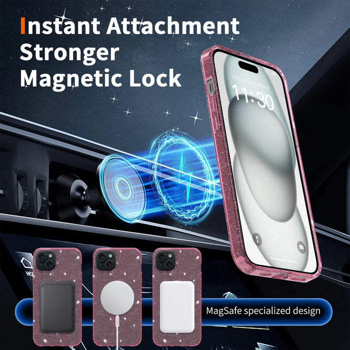 For iPhone 14 Plus / iPhone 15 Plus Magnetic Case Glitter Design TPU PC PET Drop Proof Phone Cover - Transparent Pink - 7