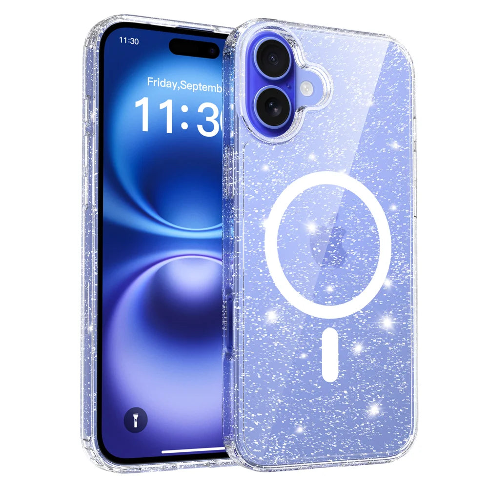 For iPhone 16 Plus Magnetic Case Glitter Design TPU PC PET Drop Proof Phone Cover - Transparent - 1