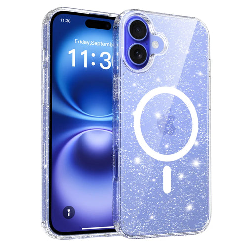 For iPhone 16 Plus Magnetic Case Glitter Design TPU PC PET Drop Proof Phone Cover - Transparent - 1