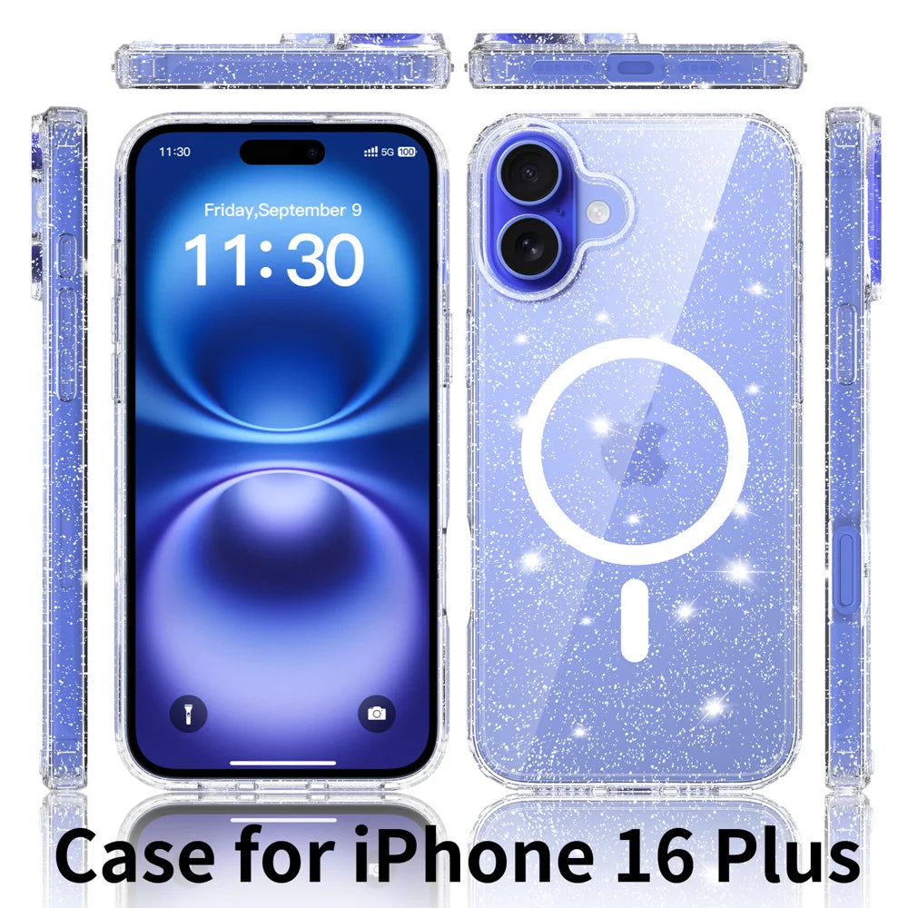 For iPhone 16 Plus Magnetic Case Glitter Design TPU PC PET Drop Proof Phone Cover - Transparent - 2
