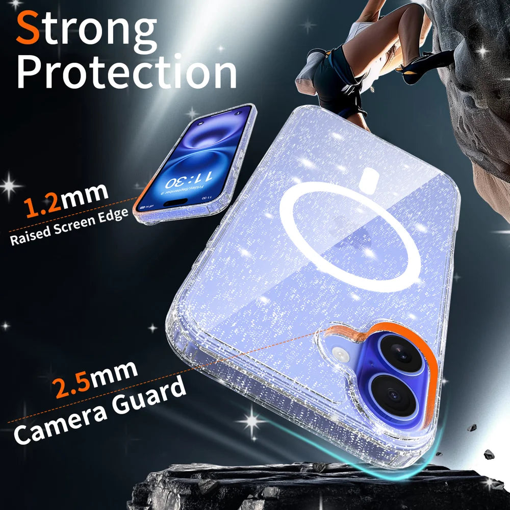 For iPhone 16 Plus Magnetic Case Glitter Design TPU PC PET Drop Proof Phone Cover - Transparent - 3