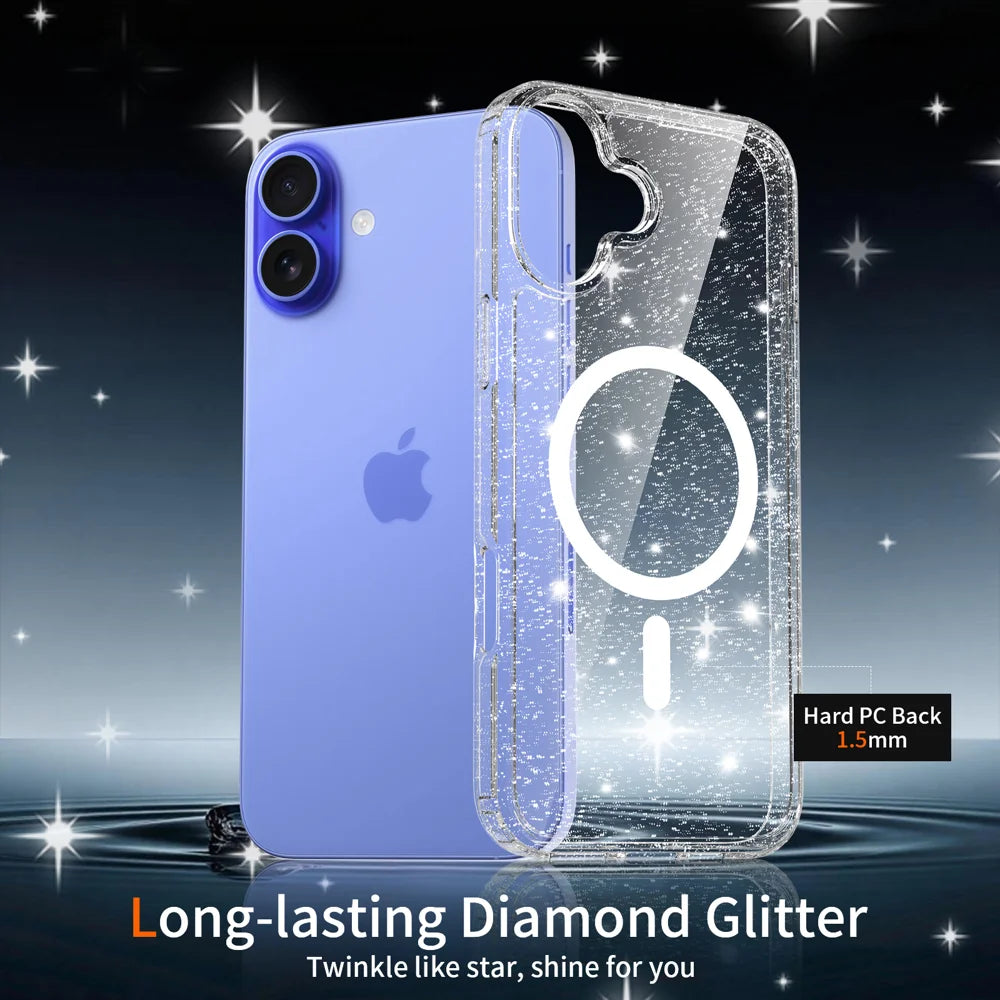 For iPhone 16 Plus Magnetic Case Glitter Design TPU PC PET Drop Proof Phone Cover - Transparent - 4