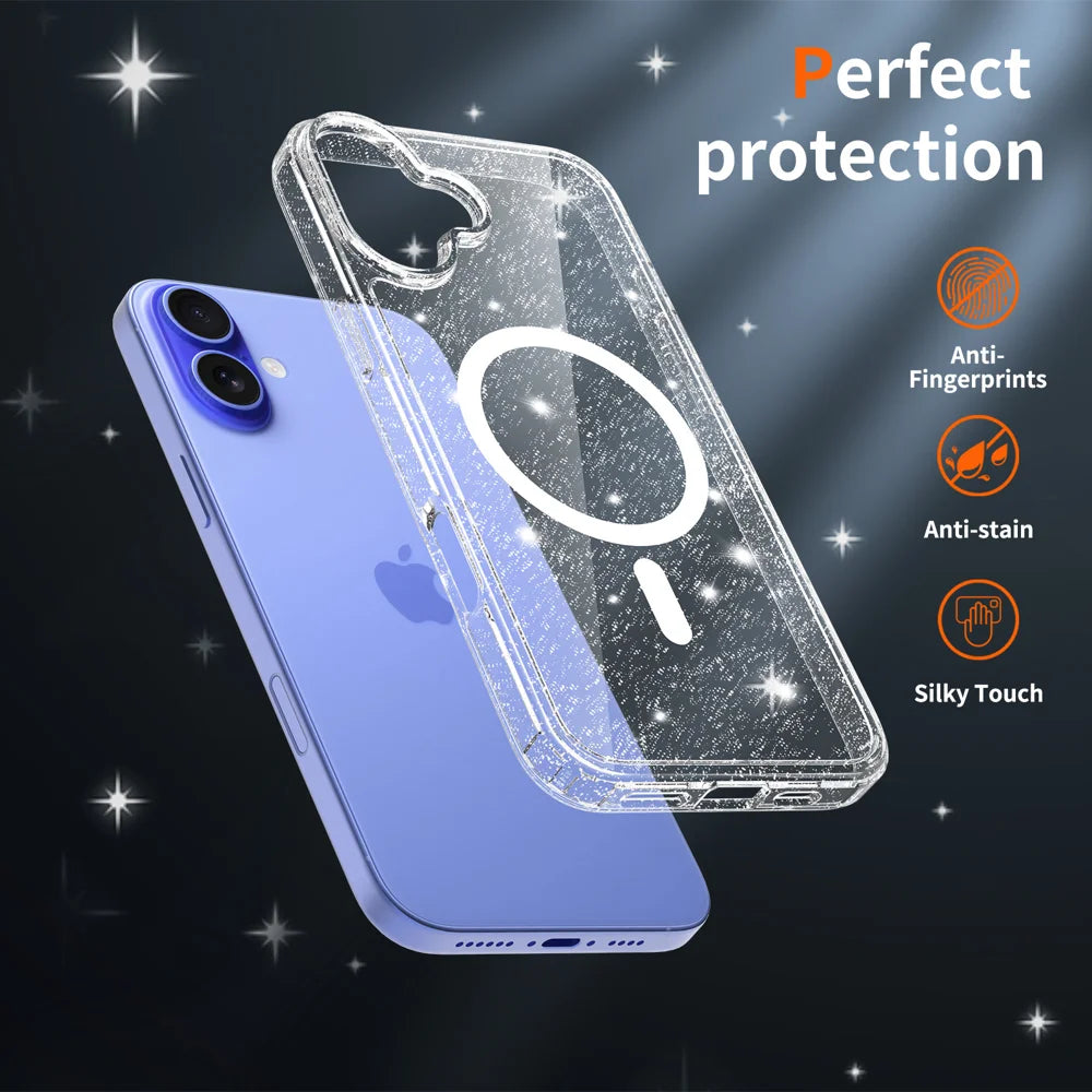 For iPhone 16 Plus Magnetic Case Glitter Design TPU PC PET Drop Proof Phone Cover - Transparent - 5