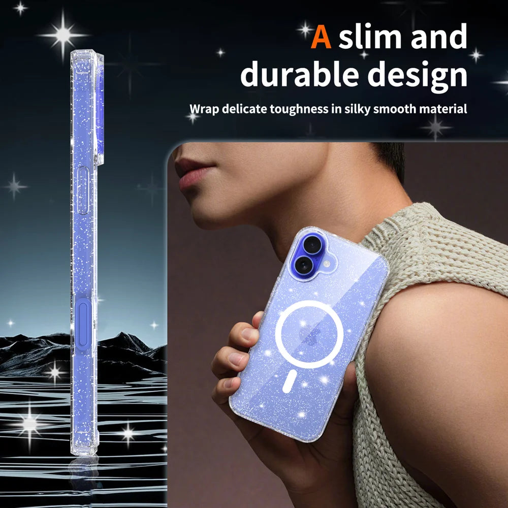 For iPhone 16 Plus Magnetic Case Glitter Design TPU PC PET Drop Proof Phone Cover - Transparent - 6