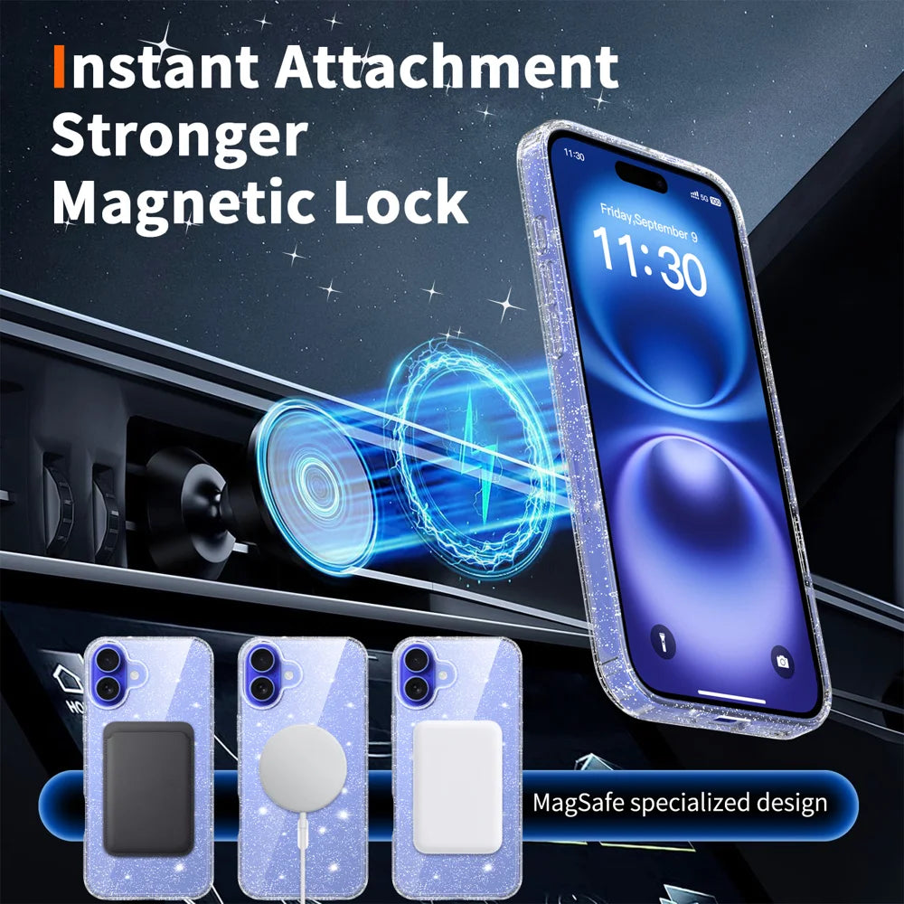 For iPhone 16 Plus Magnetic Case Glitter Design TPU PC PET Drop Proof Phone Cover - Transparent - 7