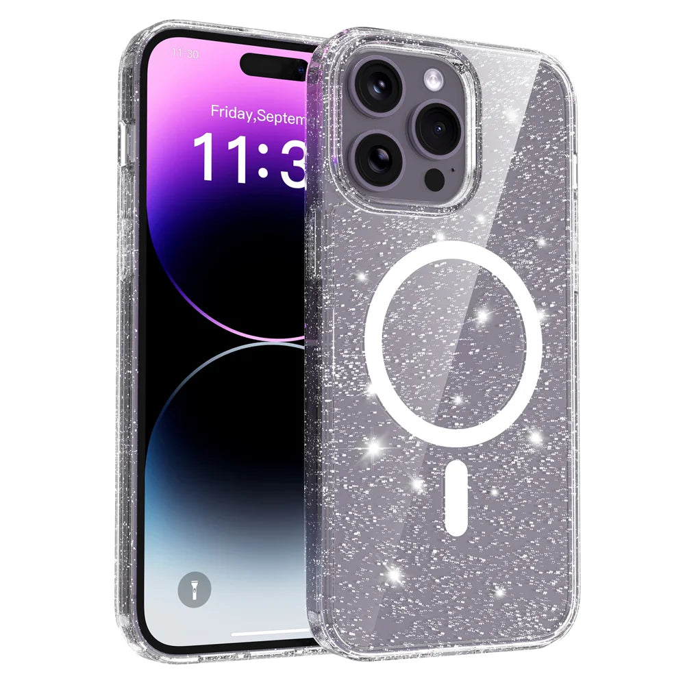 For iPhone 14 Pro Max Magnetic Case Glitter Design TPU PC PET Drop Proof Phone Cover - Transparent - 1