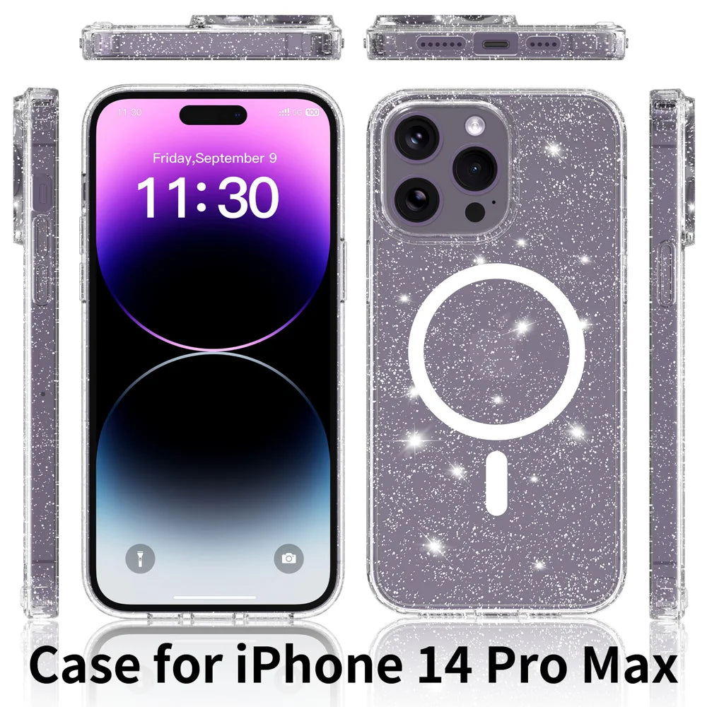 For iPhone 14 Pro Max Magnetic Case Glitter Design TPU PC PET Drop Proof Phone Cover - Transparent - 2