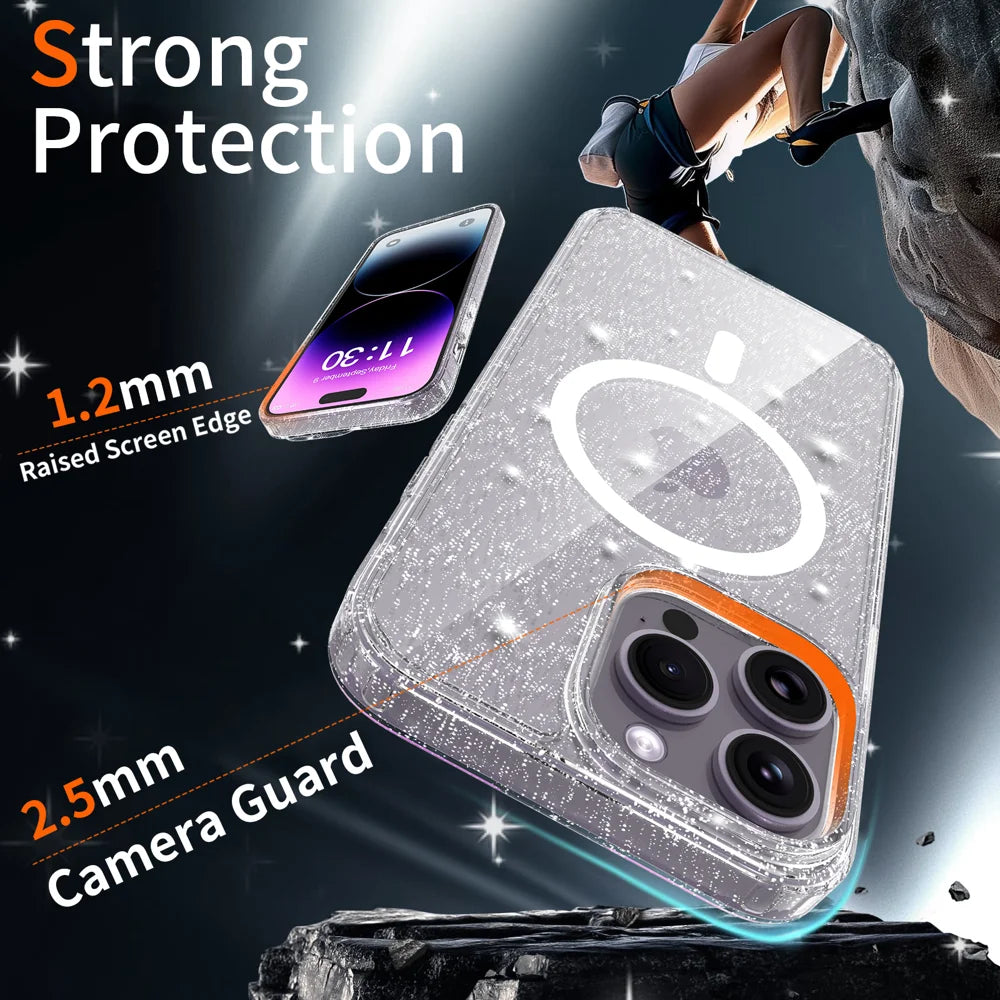 For iPhone 14 Pro Max Magnetic Case Glitter Design TPU PC PET Drop Proof Phone Cover - Transparent - 3