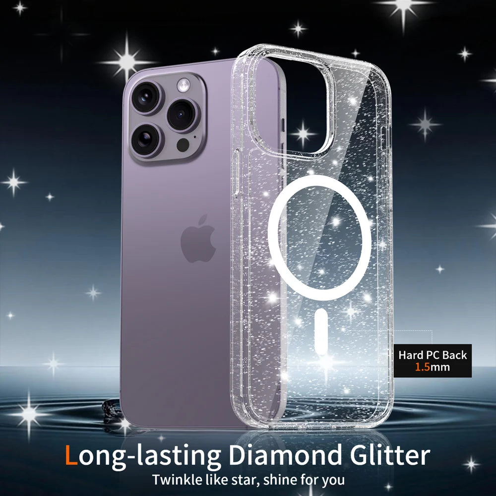 For iPhone 14 Pro Max Magnetic Case Glitter Design TPU PC PET Drop Proof Phone Cover - Transparent - 4