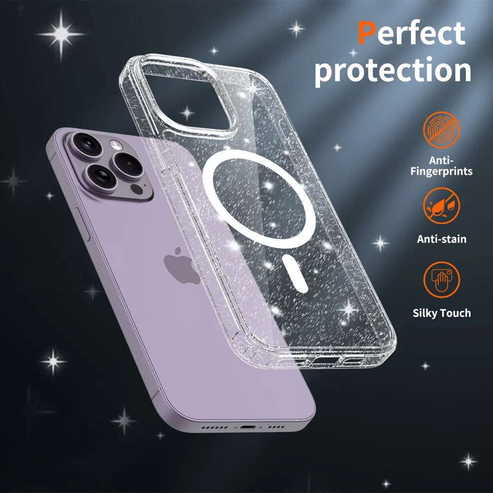 For iPhone 14 Pro Max Magnetic Case Glitter Design TPU PC PET Drop Proof Phone Cover - Transparent - 5