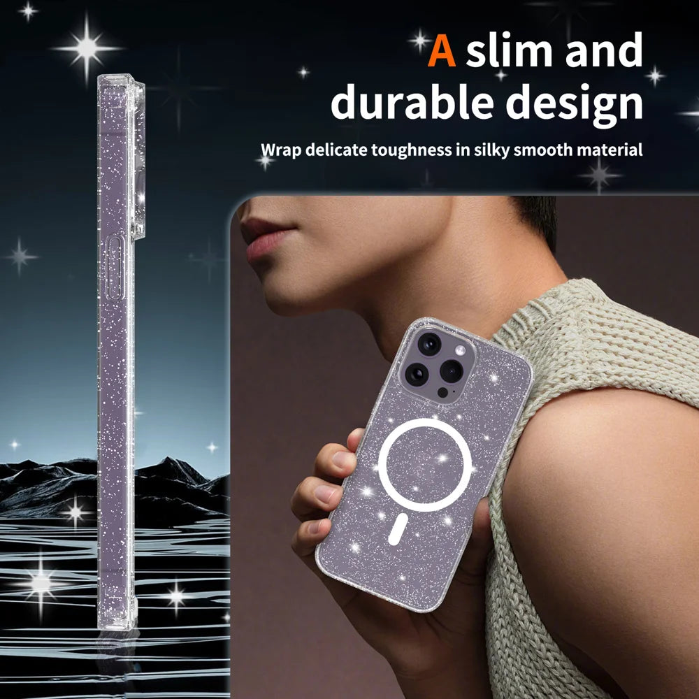 For iPhone 14 Pro Max Magnetic Case Glitter Design TPU PC PET Drop Proof Phone Cover - Transparent - 6
