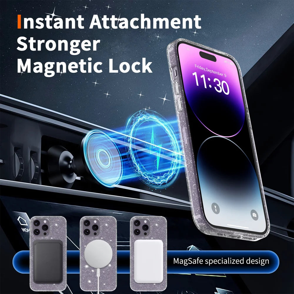 For iPhone 14 Pro Max Magnetic Case Glitter Design TPU PC PET Drop Proof Phone Cover - Transparent - 7