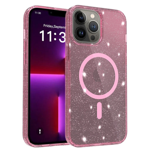 For iPhone 13 Pro Max Magnetic Case Glitter Design TPU PC PET Drop Proof Phone Cover - Transparent Pink - 1