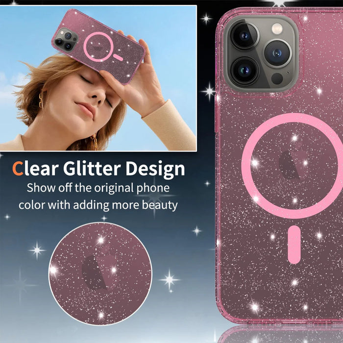 For iPhone 13 Pro Max Magnetic Case Glitter Design TPU PC PET Drop Proof Phone Cover - Transparent Pink - 2