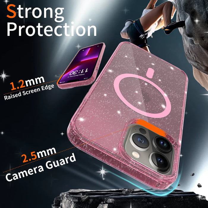 For iPhone 13 Pro Max Magnetic Case Glitter Design TPU PC PET Drop Proof Phone Cover - Transparent Pink - 3