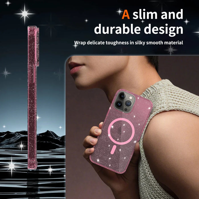 For iPhone 13 Pro Max Magnetic Case Glitter Design TPU PC PET Drop Proof Phone Cover - Transparent Pink - 6