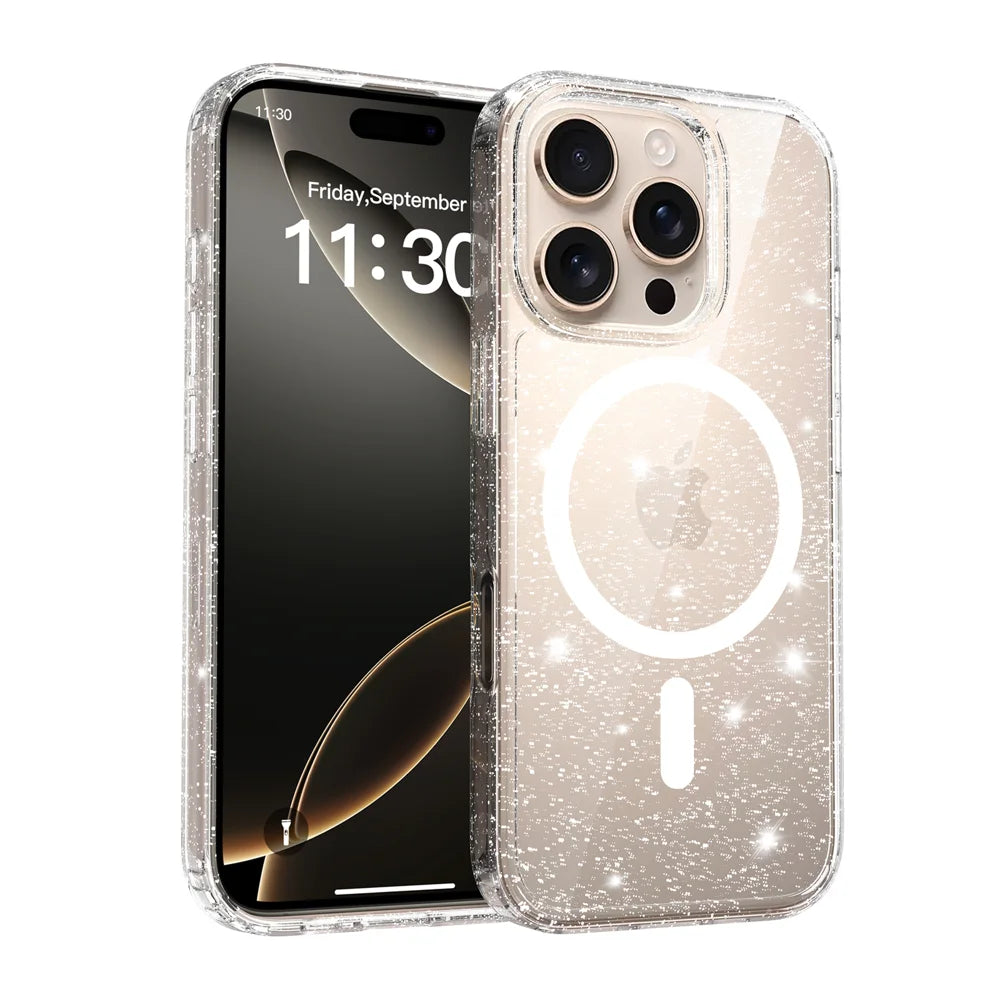 For iPhone 16 Pro Magnetic Case Glitter Design TPU PC PET Drop Proof Phone Cover - Transparent - 1