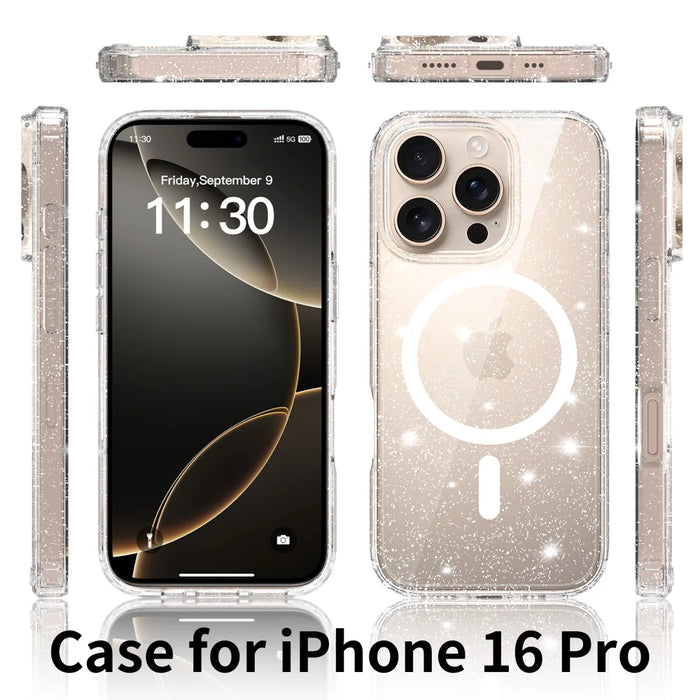 For iPhone 16 Pro Magnetic Case Glitter Design TPU PC PET Drop Proof Phone Cover - Transparent - 2