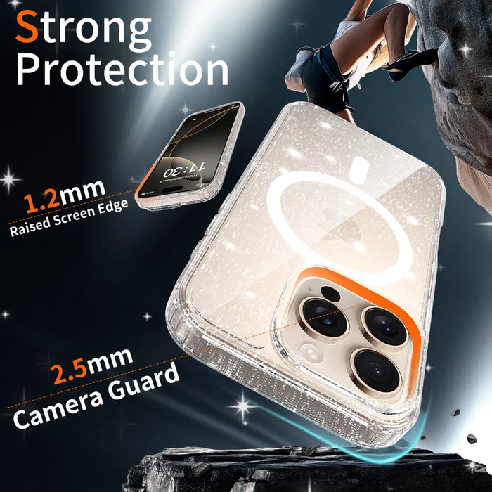 For iPhone 16 Pro Magnetic Case Glitter Design TPU PC PET Drop Proof Phone Cover - Transparent - 3