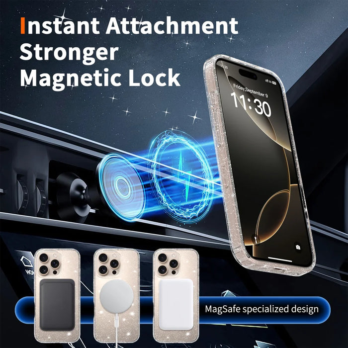 For iPhone 16 Pro Magnetic Case Glitter Design TPU PC PET Drop Proof Phone Cover - Transparent - 7