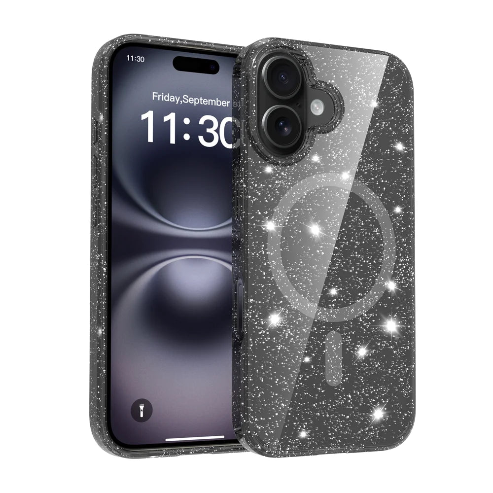 For iPhone 16 Magnetic Case Glitter Design TPU PC PET Drop Proof Phone Cover - Transparent Black - 1