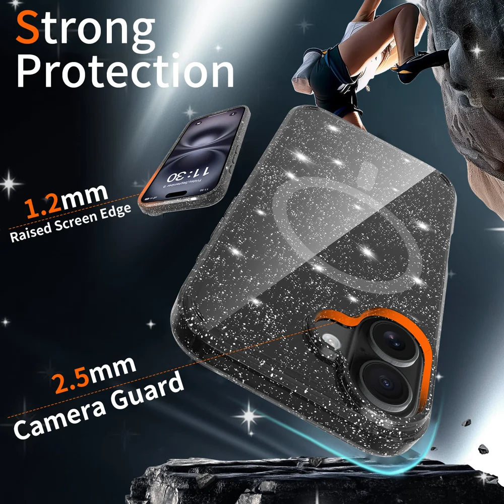 For iPhone 16 Magnetic Case Glitter Design TPU PC PET Drop Proof Phone Cover - Transparent Black - 2