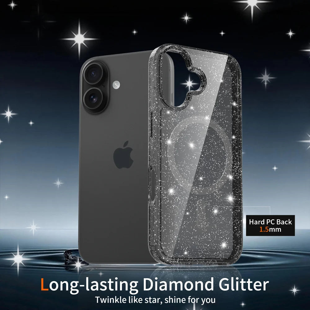 For iPhone 16 Magnetic Case Glitter Design TPU PC PET Drop Proof Phone Cover - Transparent Black - 3