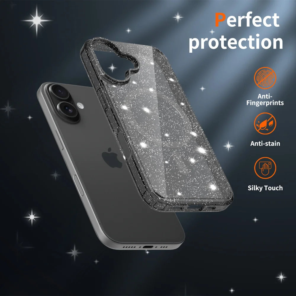 For iPhone 16 Magnetic Case Glitter Design TPU PC PET Drop Proof Phone Cover - Transparent Black - 4