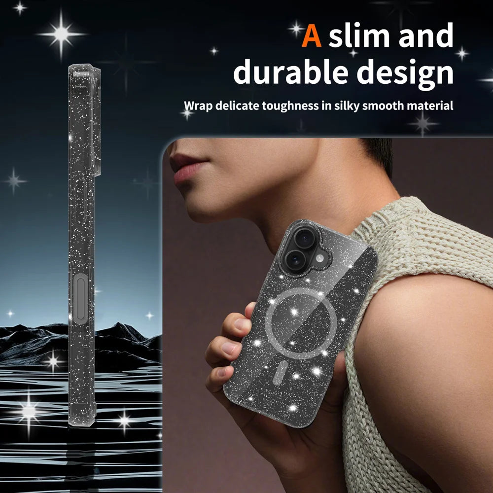 For iPhone 16 Magnetic Case Glitter Design TPU PC PET Drop Proof Phone Cover - Transparent Black - 5