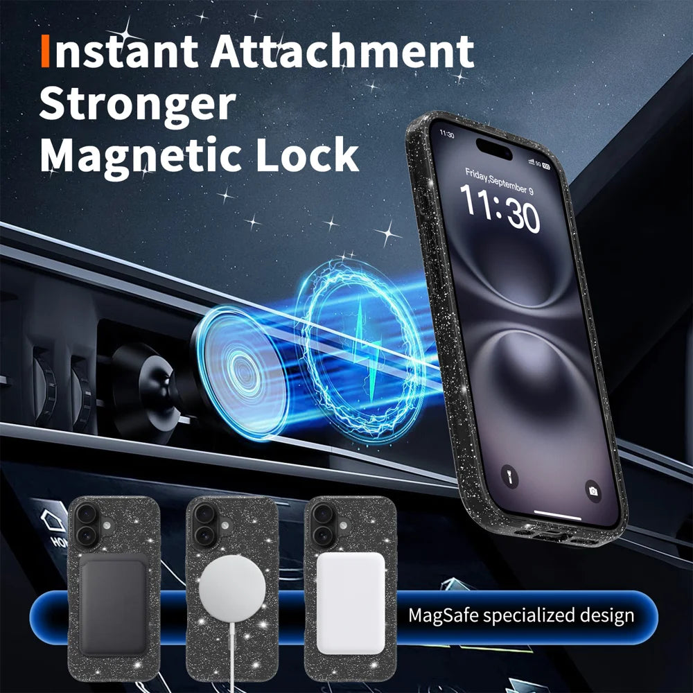 For iPhone 16 Magnetic Case Glitter Design TPU PC PET Drop Proof Phone Cover - Transparent Black - 6