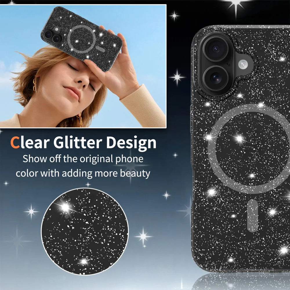 For iPhone 16 Magnetic Case Glitter Design TPU PC PET Drop Proof Phone Cover - Transparent Black - 7
