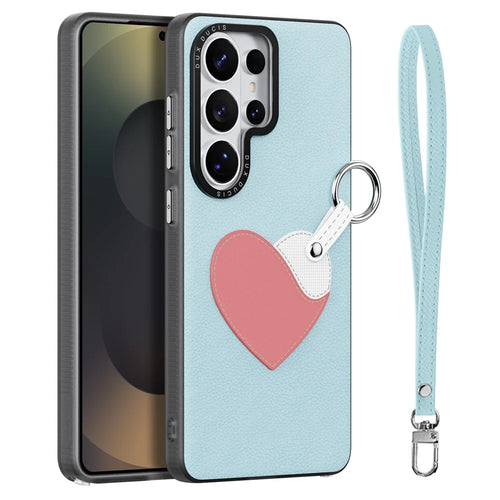 DUX DUCIS For Samsung Galaxy S26 Ultra Case  Luvy Series PU Leather + TPU + PC Phone Back Cover with Finger Ring / Wrist Strap - Sky Blue & Heart - 1