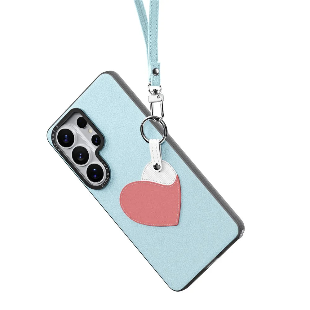 DUX DUCIS For Samsung Galaxy S26 Ultra Case  Luvy Series PU Leather + TPU + PC Phone Back Cover with Finger Ring / Wrist Strap - Sky Blue & Heart - 3