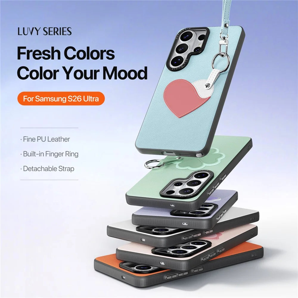 DUX DUCIS For Samsung Galaxy S26 Ultra Case  Luvy Series PU Leather + TPU + PC Phone Back Cover with Finger Ring / Wrist Strap - Sky Blue & Heart - 4