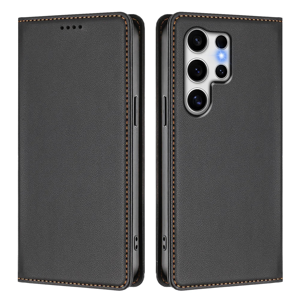 For Samsung Galaxy S25 Ultra Leather Wallet Case Magnetic Closure RFID Blocking Phone Cover - Black - 1