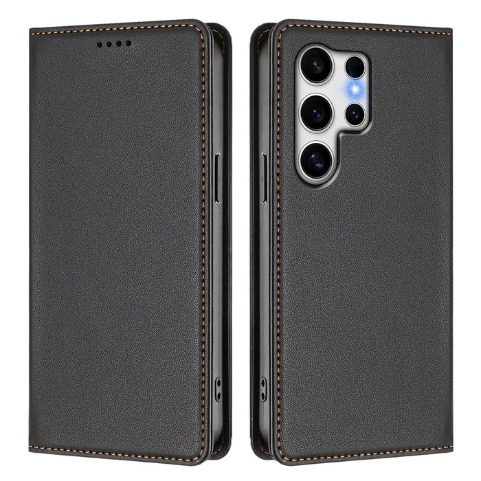 For Samsung Galaxy S25 Ultra Leather Wallet Case Magnetic Closure RFID Blocking Phone Cover - Black - 1