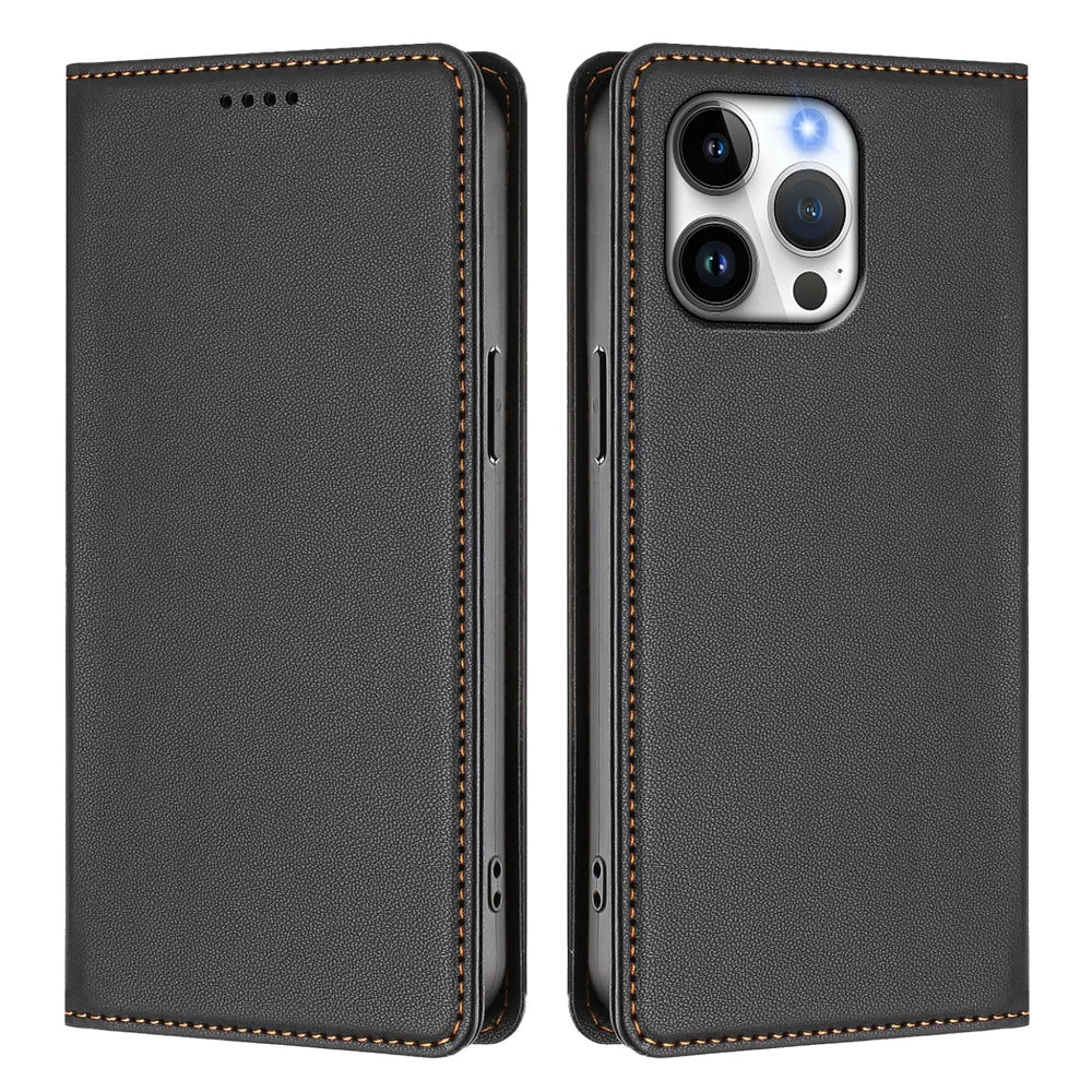 For iPhone 16 Pro Max Leather Wallet Case Magnetic Closure RFID Blocking Phone Cover - Black - 1