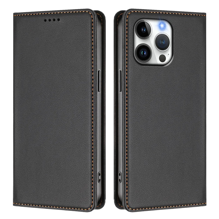 For iPhone 16 Pro Max Leather Wallet Case Magnetic Closure RFID Blocking Phone Cover - Black - 1