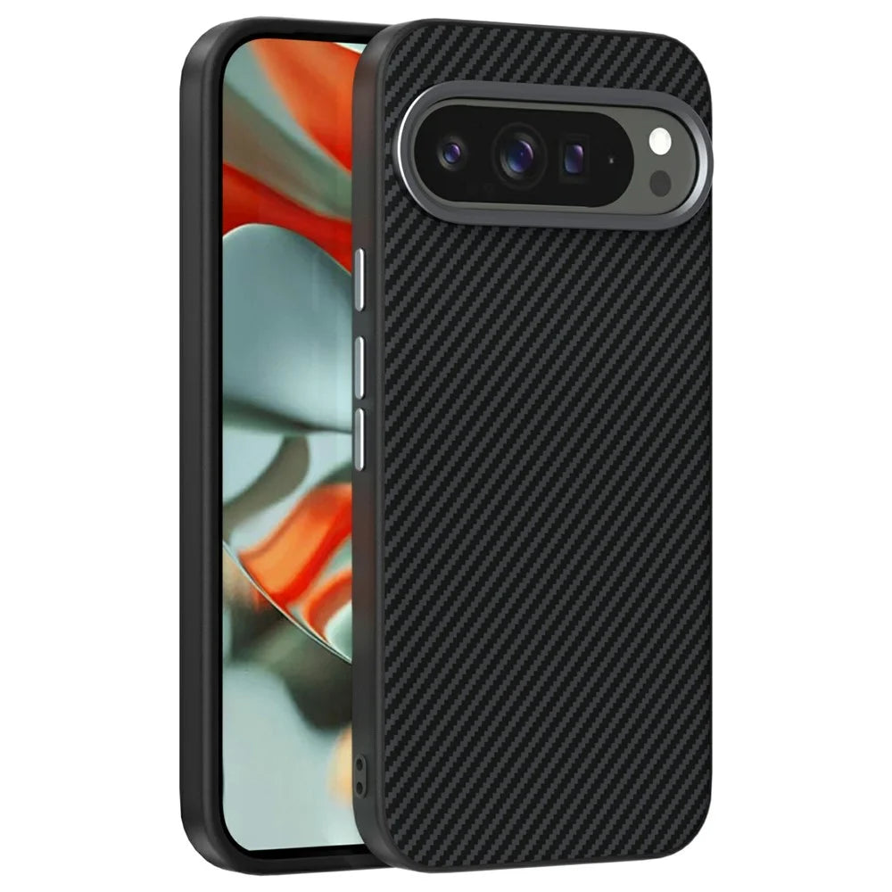 ABEEL For Google Pixel 9 Pro XL Magnetic Case Carbon Fiber Texture TPU PC PU Phone Back Cover - Black - 1
