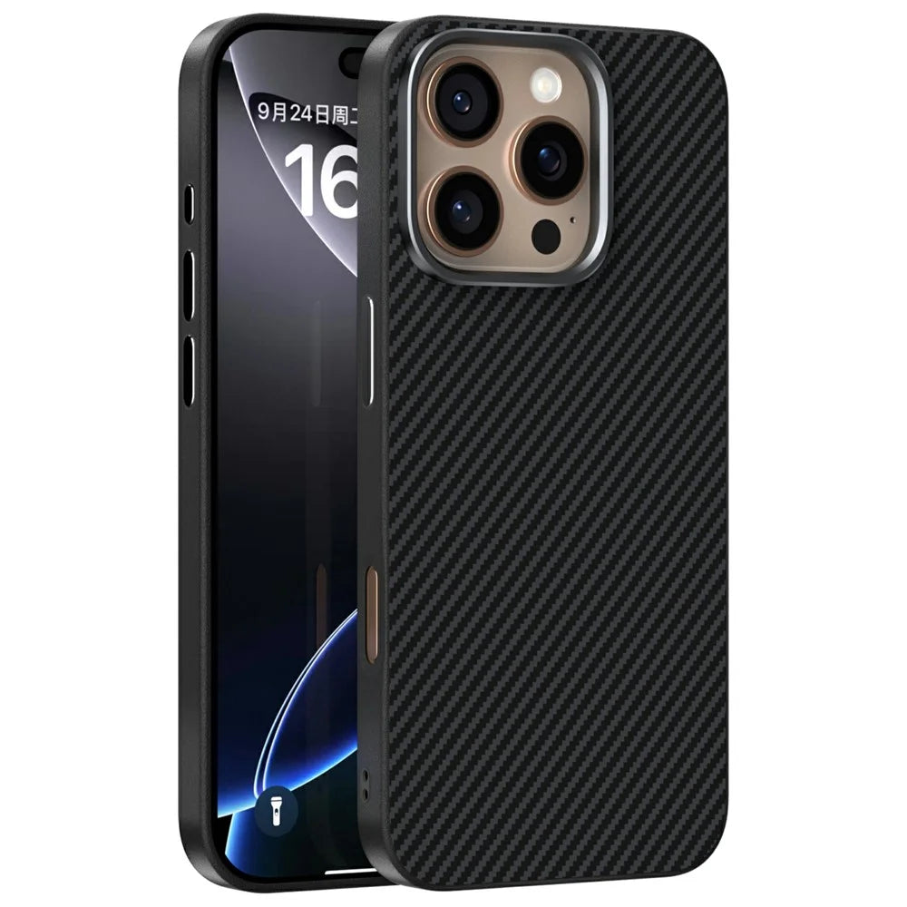 ABEEL For iPhone 16 Pro Max Case Compatible with MagSafe Carbon Fiber Texture TPU PC PU Phone Back Cover - Black - 1
