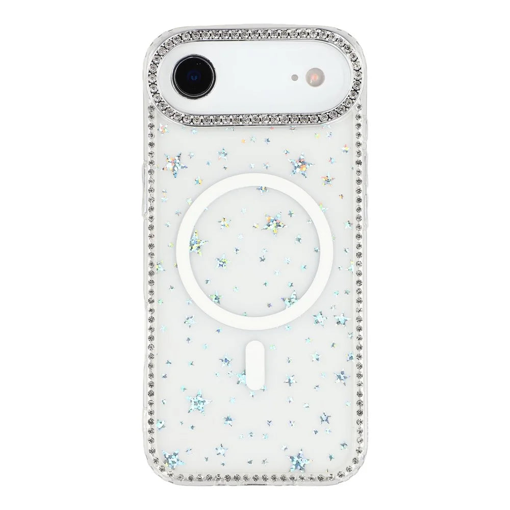 For iPhone Air Case Compatible with MagSafe Rhinestone Edge Glitter Back TPU + PC IMD Phone Cover - Starry Transparent - 1