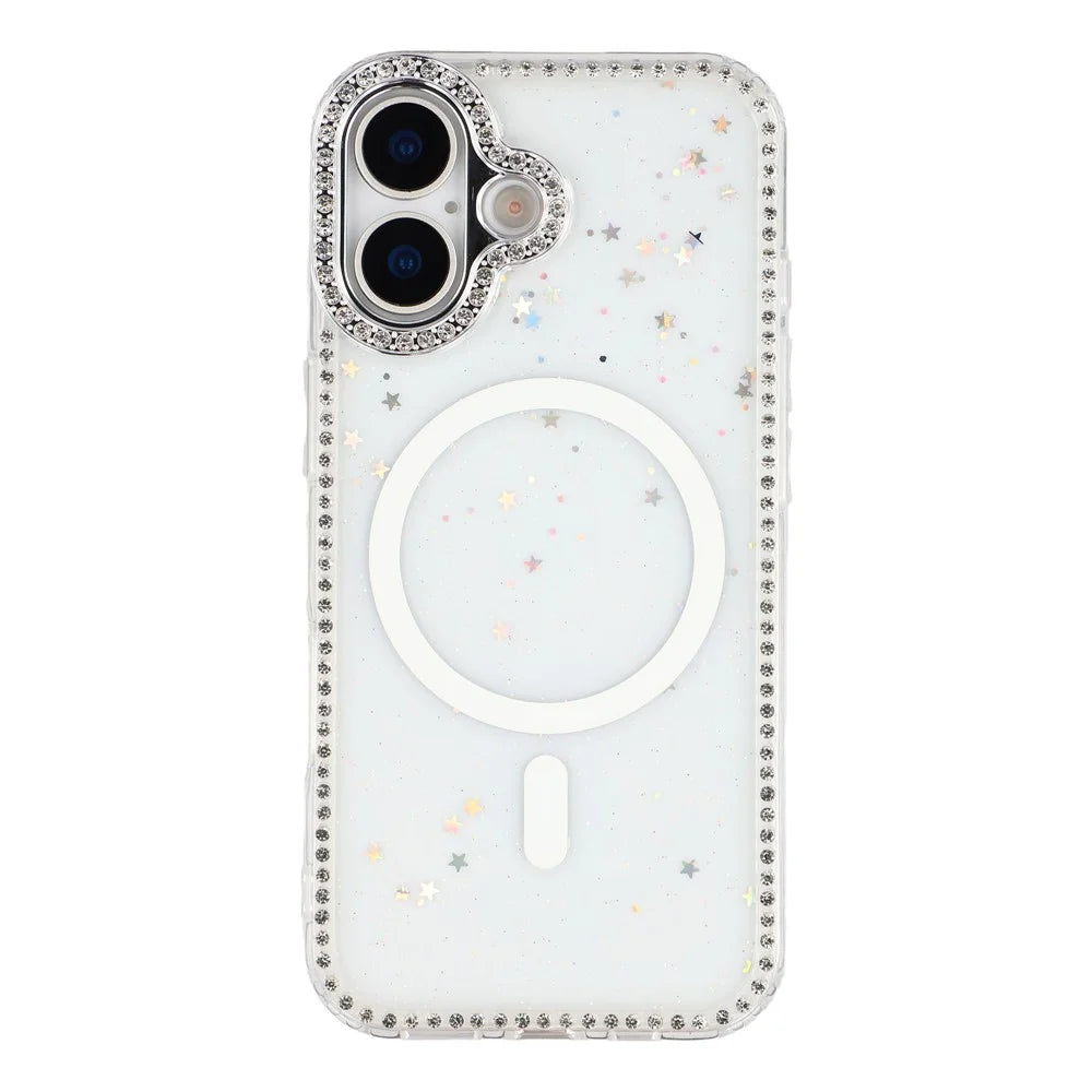 For iPhone 17 Case Compatible with MagSafe Rhinestone Edge Glitter Back TPU + PC IMD Phone Cover - Glitter Star - 1