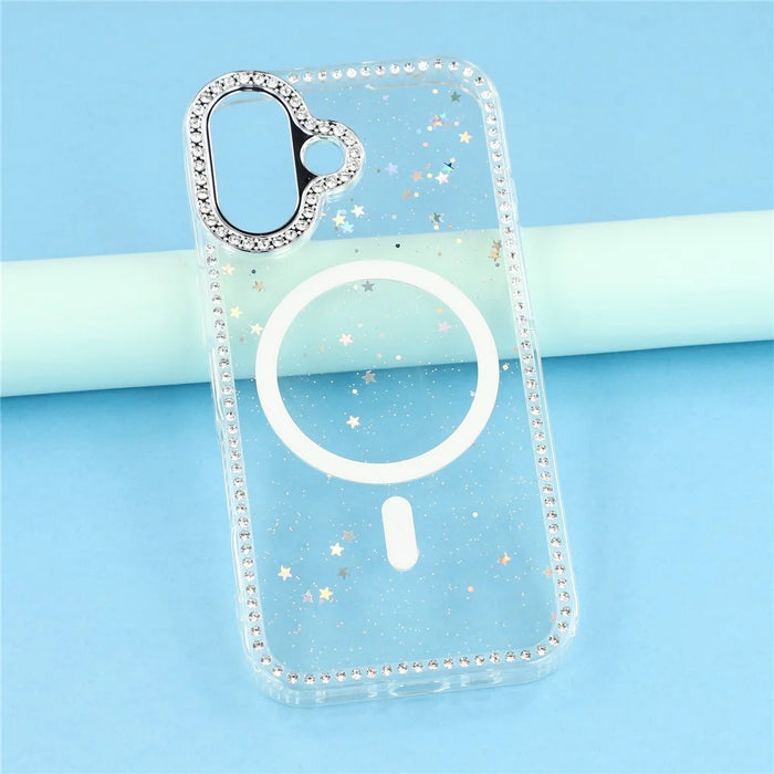 For iPhone 17 Case Compatible with MagSafe Rhinestone Edge Glitter Back TPU + PC IMD Phone Cover - Glitter Star - 6
